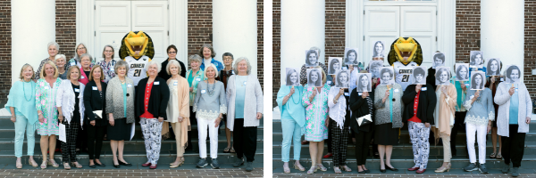 Members of the Class of 1970 pose with Striker (left). The Class of 1970 celebrates their 50th Reunion by holding up masks of themselves when they graduated (right).