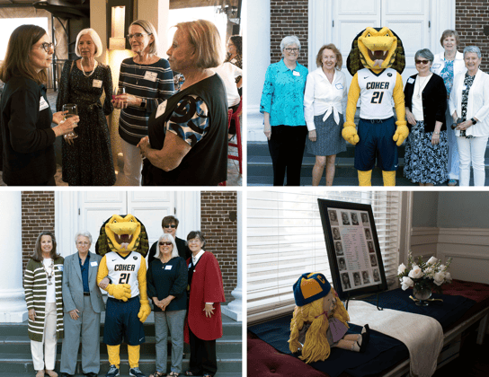 Upper left: Members of the Class of 1970 chat with President Natalie Harder at a Friday night reception. Upper right: Members of the Class of 1971 pose with Striker on Alumni Day. Bottom Left: Members of the Class of 1972 celebrate their 50th Reunion with Striker. Bottom Right: Memorial of the members of the Class of 1970 who have passed away complete with Shrinking Violet and flowers.
